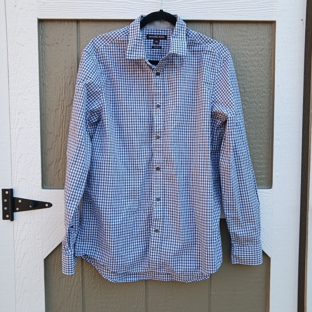 MICHAEL KORS Blue And White Checked Long Sleeve Men's Shirt L